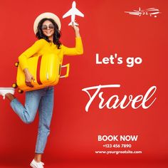 a woman in yellow is holding an orange suitcase and posing for a photo with the words let's go travel