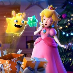 mario kart and princess peach in front of a christmas tree with presents on the floor