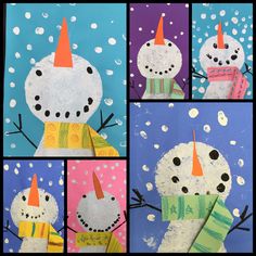 four pictures of snowmen with hats and scarves