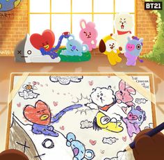 someone is drawing on the floor with teddy bears and other stuffed animals in front of them