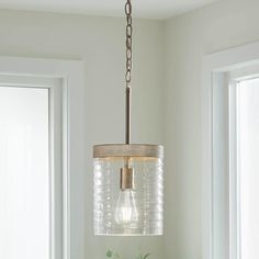 a light fixture hanging from a ceiling in a room with white walls and green plants