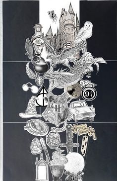 a poster with many different things on it, including birds and other items in black and white