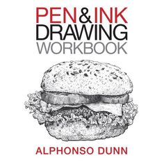 the pen and ink drawing workbook with an image of a hamburger on it's side