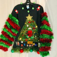 an ugly christmas sweater hanging on a wall