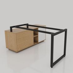 an office desk made out of wood and metal with a drawer on one side, in front of the other