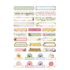 a variety of stickers with words and flowers on them, all in different colors