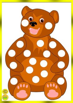 a brown teddy bear with white polka dots on it's chest and paws, sitting in front of a yellow frame