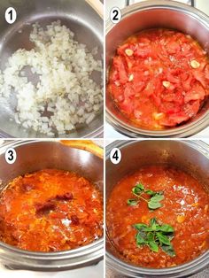 steps to make tomato sauce in a pot with onions and rice on the side, then being cooked