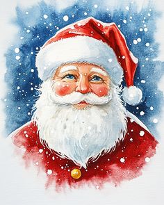 a watercolor painting of santa claus wearing a red and white hat with snow flakes on it