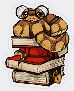 a pile of books with a snake wrapped around it's head and reading glasses on top