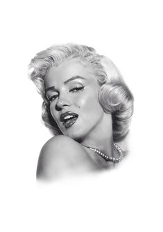 a black and white photo of a marilyn monroe with pearls on her neck, wearing a necklace