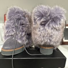 Leather Boots. Shearling Lined. Antique Metallic Finish. Luxe Faux Fur Wrap. Comes With The Box. Party Boots With Faux Fur Lining, Silver Leather Winter Boots, Party Boots With Faux Fur Trim And Round Toe, Luxury Silver Winter Boots, Short Winter Boots, Faux Fur Wrap, Fur Wrap, Tall Leather Boots, Studded Boots