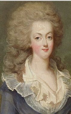 an old portrait of a woman with blonde hair and blue dress, wearing a white ruffled