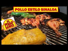 chicken and vegetables cooking on a grill with the words pollo estilo sinala