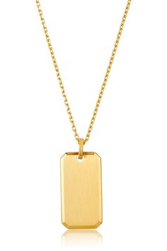 14k gold vermeil dog tag pendant necklace. Lobster clasp closure. Approx. 24" chain length. Made in the USA Yellow Gold Dog Tag Necklace For Everyday, Classic Tarnish Resistant Dog Tag Necklace, Everyday Gold Dog Tag Necklace, Yellow Gold Tarnish-resistant Dog Tag Necklace, Modern Gold Dog Tag Jewelry, Gift Dog Tag Necklace With Cable Chain, Rectangular Tag Jewelry For Gifts, Gold Tag Necklace, Mens Dog Tag Necklace