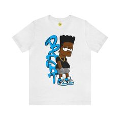 Celebrate culture and nostalgia with our Black Bart Simpson TShirt! This Bella Canvas 3001 shirt features a unique illustration of Black Bart, paying homage to the iconic 90s character. Made from 100% combed and ring-spun cotton, this tee offers a soft and comfortable fit. Perfect for fans of urban streetwear and vintage cartoons, this tee is a must-have addition to your wardrobe. Available in a range of sizes, grab your Black Bart Simpson Tee today and showcase your unique style! Key Features: Blue Pop Culture T-shirt With Character Print, Pop Culture Cartoon Print T-shirt For Streetwear, Band Merch Cartoon Print Tops For Streetwear, Hip Hop Cartoon Print Tops For Streetwear, Urban Style Short Sleeve T-shirt With Cartoon Print, Urban Style Short Sleeve Cartoon Print T-shirt, Pop Culture Graffiti Print Top For Streetwear, Blue Band Merch Top For Streetwear, Blue Hip Hop T-shirt With Screen Print