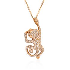 18k rose gold diamond "Monkey" pendant with round brilliant cut diamonds weighing 1.47 carats total of F color, VS2 clarity. Please note chain is sold separately. This item is currently out of stock. Please allow 4-6 weeks for delivery. Please note this item is a special order and non-refundable. Due to fluctuation in gold and diamonds prices are subject to change. Monkey Jewelry, Rose Gold Diamonds, Round Brilliant, Round Brilliant Cut Diamond, 18k Rose Gold, Brilliant Cut Diamond, Gold Diamond, Diamond Cuts, Gold Necklace