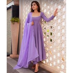 Buy Georgette Anarkali Suit With Dupatta Readymade Fro Women online on Etsy India. Shop for handmade, vintage and unique Salwar Kameez items from TarzIndianLehenga online on Etsy Types Of Churidar, Square Neck Indian Suit Designs, Neck For Anarkali Dress, Fabric For Anarkali Suit, Crepe Anarkali Designs, Purple Color Dress Designs, Square Neck For Kurti, Anarkali Neck Pattern, Flared Churidar Designs