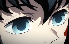 an anime character with blue eyes and black hair looks at the camera while staring into the distance