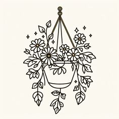 a potted plant with flowers and leaves hanging from it's side on a white background