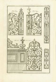 an old drawing of some fancy designs on the wall and cupboards in this room