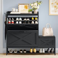 a shoe rack with several pairs of shoes on it and a purse next to it