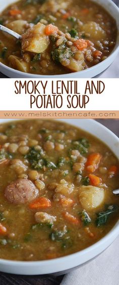 two bowls of smoky lentil and potato soup