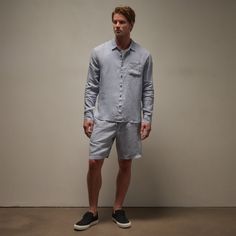 Our Lightweight Linen Shirt is made in our classic lightweight linen that is breathable and soft. Style details include a shirt collar, button front closure, full length sleeves with placket at cuffs, back yoke, chest pocket, shirttail hem. Garment dyed. Relaxed fit.Additional Information:• 100% Linen • This garment was dyed using a special pigment process to give each garment a unique look that will evolve and fade over time• We recommend washing this garment separately in cold water before wearing to avoid color rub off. After the first wash, machine wash cold with like colors, tumble dry low Styled With:• MKOH4275 - Relaxed Fit Linen Short • MKJ3632 - LA Muscle Tank Long Sleeve Linen Shirt With Placket, Daywear Collared Linen Shirt, Linen Shirt With Button Cuffs For Daywear, Collared Linen Shirt For Daywear, Collared Linen Daywear Shirt, Linen Button-up Shirt For Daywear, Linen Long Sleeve Shirt For Loungewear, Casual Linen Shirt For Loungewear, Open Sky