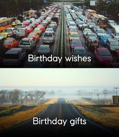 two pictures side by side one with cars and the other with birthday wishes on it