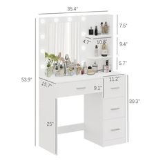 a white vanity table with drawers and lights on the top, measurements for each drawer