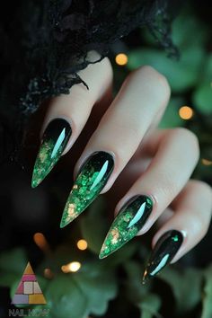 Step into a fairytale with these autumn-inspired green nails! The detailed mushroom and leaf designs bring a touch of the forest to your fingertips. Perfect for Halloween and fall, check out nailhow.com for more whimsical designs! Save this pin to revisit later! 🍄🍂✨ Nails Painted Underneath, Whimsical Acrylic Nails, Gel X Nail Designs Green, Black Green Halloween Nails, Twilight Themed Nails, Sage And Black Nails, Spooky Green Nails, Forest Witch Nails, Orange And Green Halloween Nails