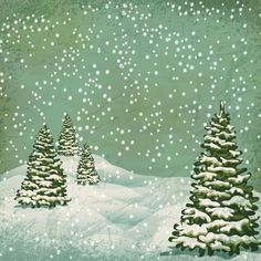 a painting of snow covered trees on a snowy day with stars falling from the sky