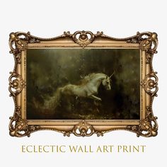 an ornate gold frame with a painting of a unicorn in the center and words eclectic wall art print below it