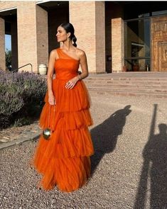 Orange Tulle Dress For Party, Orange Tulle Party Dress, Fitted Orange Organza Dress, Orange Tulle Dresses For Summer, Orange One-shoulder Dress With Ruffles, Orange A-line Evening Dress, Fitted Orange Tulle Dress, Prom Dress Tiered, Minimal Dresses