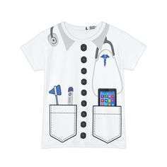 Our Doctor Dress Up T-Shirt is made with 95% Polyester and 5% Spandex and easy to get on and off for kids to use to play dress up. A fun shirt for play therapists, preschool teachers and elementary school teachers on theme days. Tools of the trade are large and easy to identify to help children learn about the work.  Available in adult sizes XS to 4XL. Light fabric (5.6 oz/yd² (190 g/m²) and printed-in size and care label.  The extra wide neck make this an easy shirt for kids to pull off and on over their head.  White shirt printed with a light gray collar, black buttons, stethoscope, doctor tools and a cell phone in two pockets. These are adult women's sizing.  Please see size chart. Doctor T Shirt, White Superhero T-shirt With Character Print, Cheap White Nursing T-shirt, White Superhero Cotton T-shirt, Doctor Dress, Play Therapist, Chemise Dress, Superhero Character Print Short Sleeve T-shirt, Theme Days