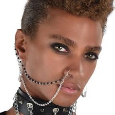 A person wearing a 3 piece Punk Jewelry Set. Ear To Nose Chain, Nose To Ear Chain, Long Ear Cuff, Double Nose Ring, Nose Chain, Vtuber Ideas, Earring Chain, Ear Piercings Chart, Large Safety Pin