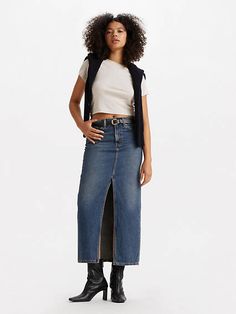 Few styles are as versatile and easy as a midi skirt. Casually cool and a little '90s, our Ankle Column Skirt features a flattering mid rise, an ankle-skimming midi length and a playful slit right down the middle. A versatile, easy midi skirt With a flattering mid rise Finished with playful slit right down the middle Long Jean Skirt Outfits, Mens Jeans Guide, Jean Skirt Outfits, Long Jean Skirt, Column Skirt, Slip Dresses, Classic Jeans, Sweatshirt Dress, Jean Skirt