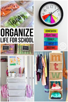 there are pictures of organized life for school with words on the wall and clothes hanging in bins