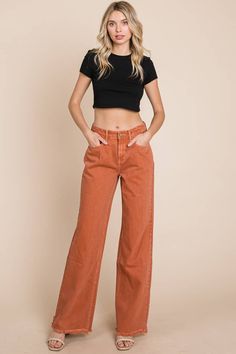 High Rise Raw Hem Wide Leg Washed Color Pants Cotton Wide Leg Mid-rise Pants, Orange Relaxed Fit Wide Leg Bottoms, Relaxed Fit Wide Leg Orange Bottoms, High Rise Relaxed Fit Pants, Orange Wide Leg Bottoms With Relaxed Fit, Solid Color High Rise Relaxed Fit Pants, High Rise Cotton Pants For Fall, Mid-rise Solid Cotton Pants, Solid Mid-rise Cotton Pants