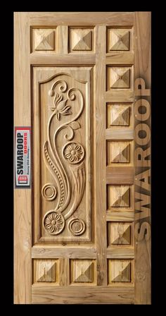 the front door is made out of wood and has an intricate carving on it's side