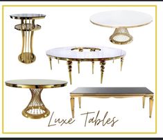 four different tables with gold and white accents