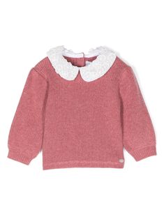 dark pink knitted construction ribbed knit floral embroidery at the collar long sleeves logo plaque straight hem rear button fastening Dress With Jean Jacket, Embroidery Sweater, Baby Boy Accessories, Dolce And Gabbana Kids, Boys Accessories, Stella Mccartney Kids, Skirted Swimwear, Pink Sweater, Jeans Dress