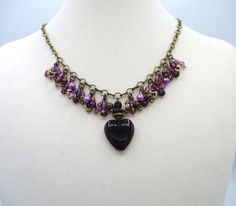 Purple Beaded Charm Necklace - Juicybeads Jewelry Cluster Bracelet, Wearable Art Jewelry, Cluster Bracelets, Purple Beaded, Cluster Necklace, Eyeglass Chain, Beaded Accessories, Purple Glass, Glass Heart