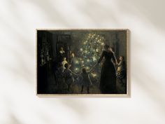 a painting of people standing around a christmas tree