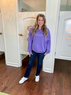 Stay cozy and stylish with the Fiby Sweatshirt. With its oversized fit and playful purple hue, this crewneck sweatshirt is perfect for adding a pop of color to your wardrobe. Made from a comfortable blend of 80% cotton and 20% polyester, it's the ultimate combination of fashion and comfort. Sizing: runs true to size; size chart included in the photos Purple Sweater With Ribbed Cuffs For Spring, Oversized Purple Hoodie For Fall, Lavender Crew Neck Sweater For Fall, Purple Cotton Sweater With Ribbed Cuffs, Purple Long Sleeve Sweatshirt For Spring, Casual Lavender Sweater For Fall, Purple Relaxed Fit Sweater For Streetwear, Purple Crew Neck Sweatshirt For Spring, Relaxed Fit Purple Sweater With Ribbed Cuffs