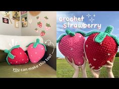 there are two knitted strawberries sitting on the couch and one is holding up a pillow