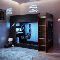 a child's bedroom with a black and red bunk bed