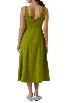 A linen-kissed dress features a romantically squared neckline, a full skirt and the perfection of a pair of pockets. Hidden back-zip closure Square neck Side-seam pockets 60% rayon, 40% linen Dry clean Imported Spring Midi Seamed Dresses, Spring Midi-length Seamed Dresses, Spring Midi Length Seamed Dresses, Summer A-line Midi Dress With Back Zipper, Summer A-line Seamed Dress, Chic Linen Midi Dress With Square Neck, Summer Dress With Square Neck And Back Zipper, Summer Dresses With Back Zipper And Square Neck, Spring A-line Linen Dress With Fitted Bodice