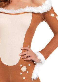 a woman wearing a reindeer costume with white polka dots on the chest and long sleeves