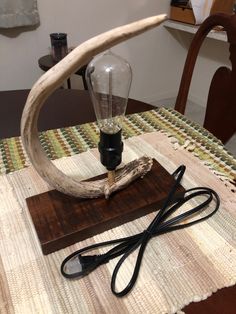 an antler lamp sitting on top of a wooden table next to a light bulb